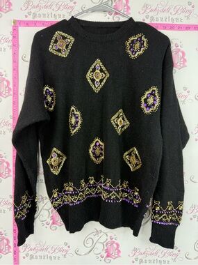 Sweater lambswool vintage Black Embellished Sweater with Gold and Purple Accents